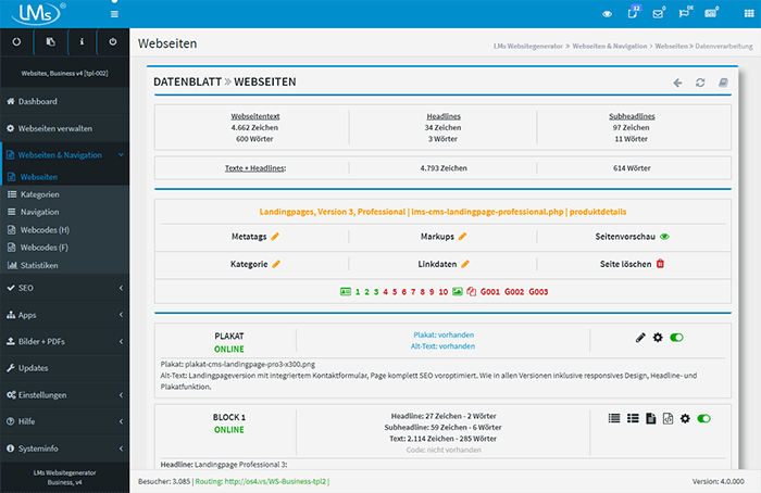 Verwaltung der einzelnen Webseite<br>ber ein bersichtliches Datenblatt