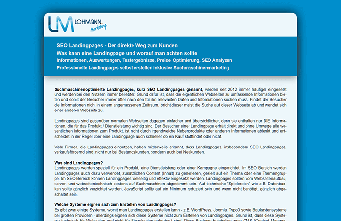 Holistische Landingpage, generiert<br>pro Jahr ber 100.000 Besucher