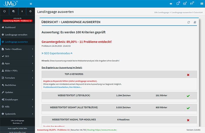 Auswertung mit 100 Kriterien<br>und ber 500 Prfroutinen