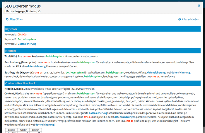 Wort- und Zeichenauswertung<br>pro Keyword