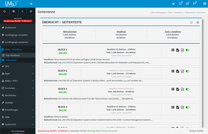 Seitentext, Headline, Codes