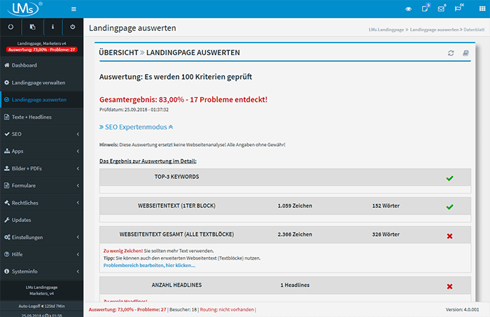 Auswertung mit 100 Kriterien<br>und ber 500 Prfroutinen