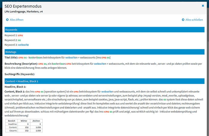 Wort- und Zeichenauswertung<br>pro Keyword