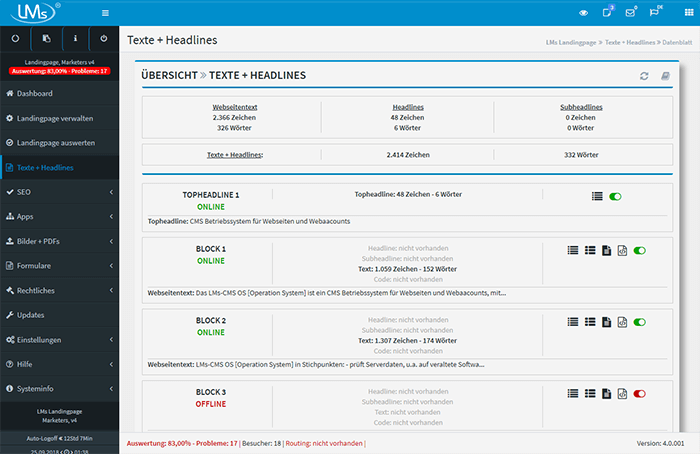 Seitentext, Headline, Codes