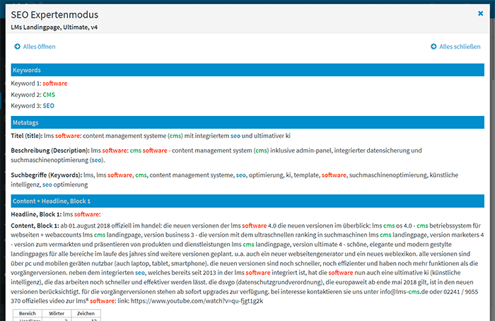 Wort- und Zeichenauswertung<br>pro Keyword